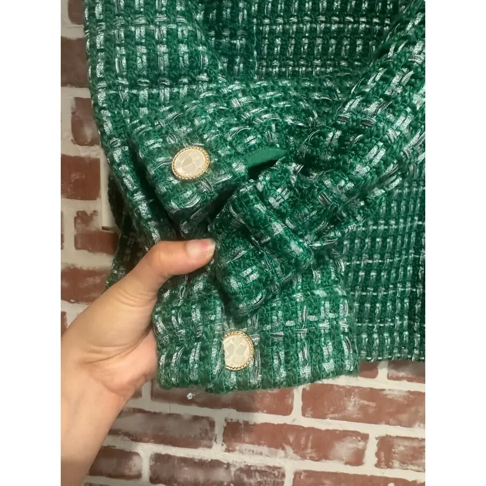 New English Factory Green Metallic Tweed Jacket Shorts 2 Piece Set NWT Size S